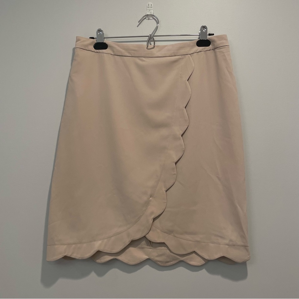 beige faux wrap skirt scalloped bottom